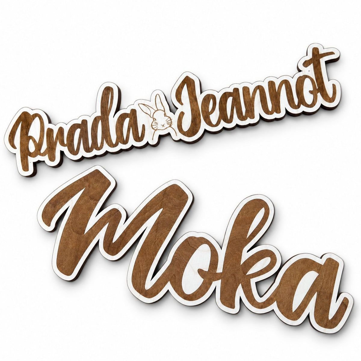 Plaques personnalisées en bois sur fond blanc