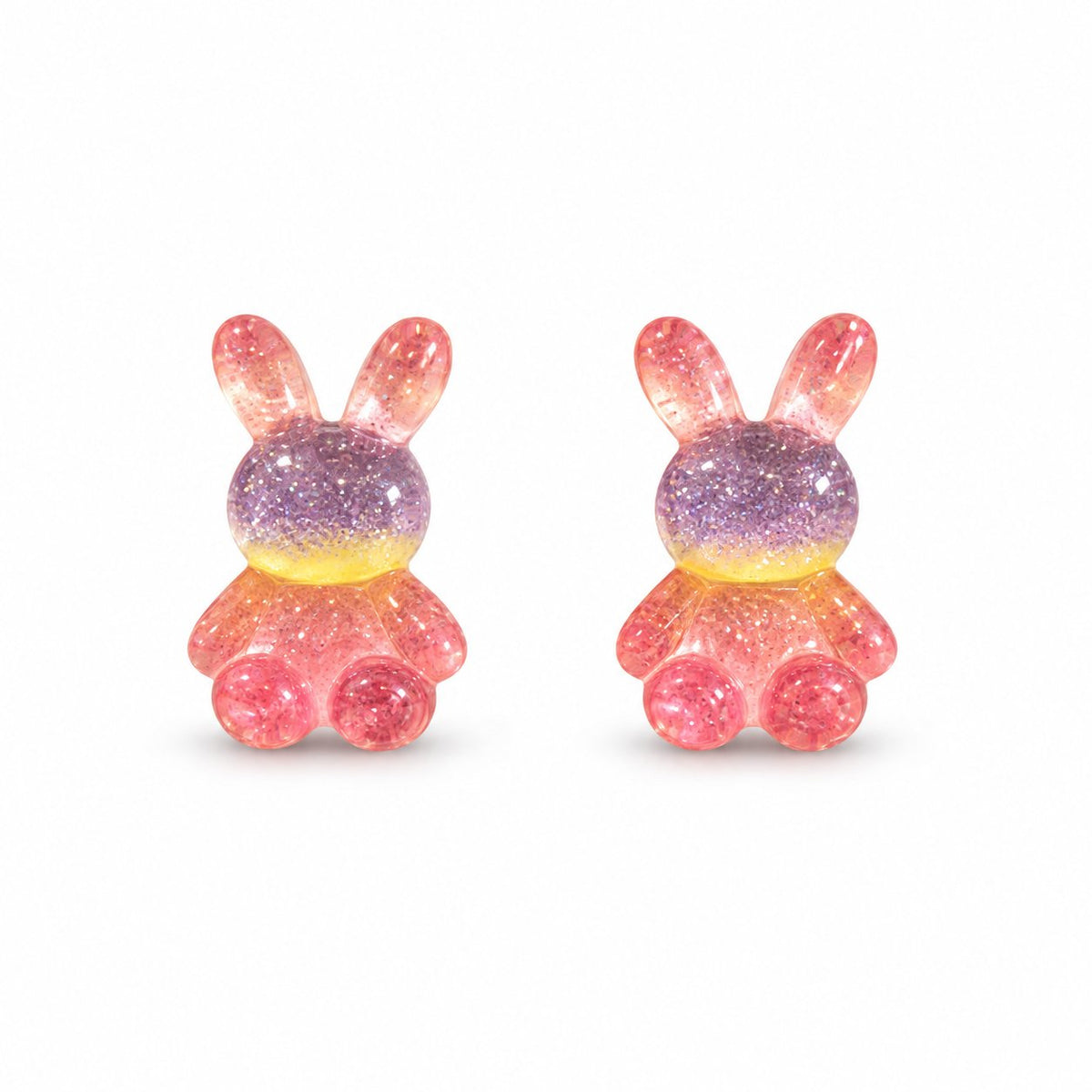 Boucles d’oreilles lapin rose mauve jaune rose sur fond blanc
