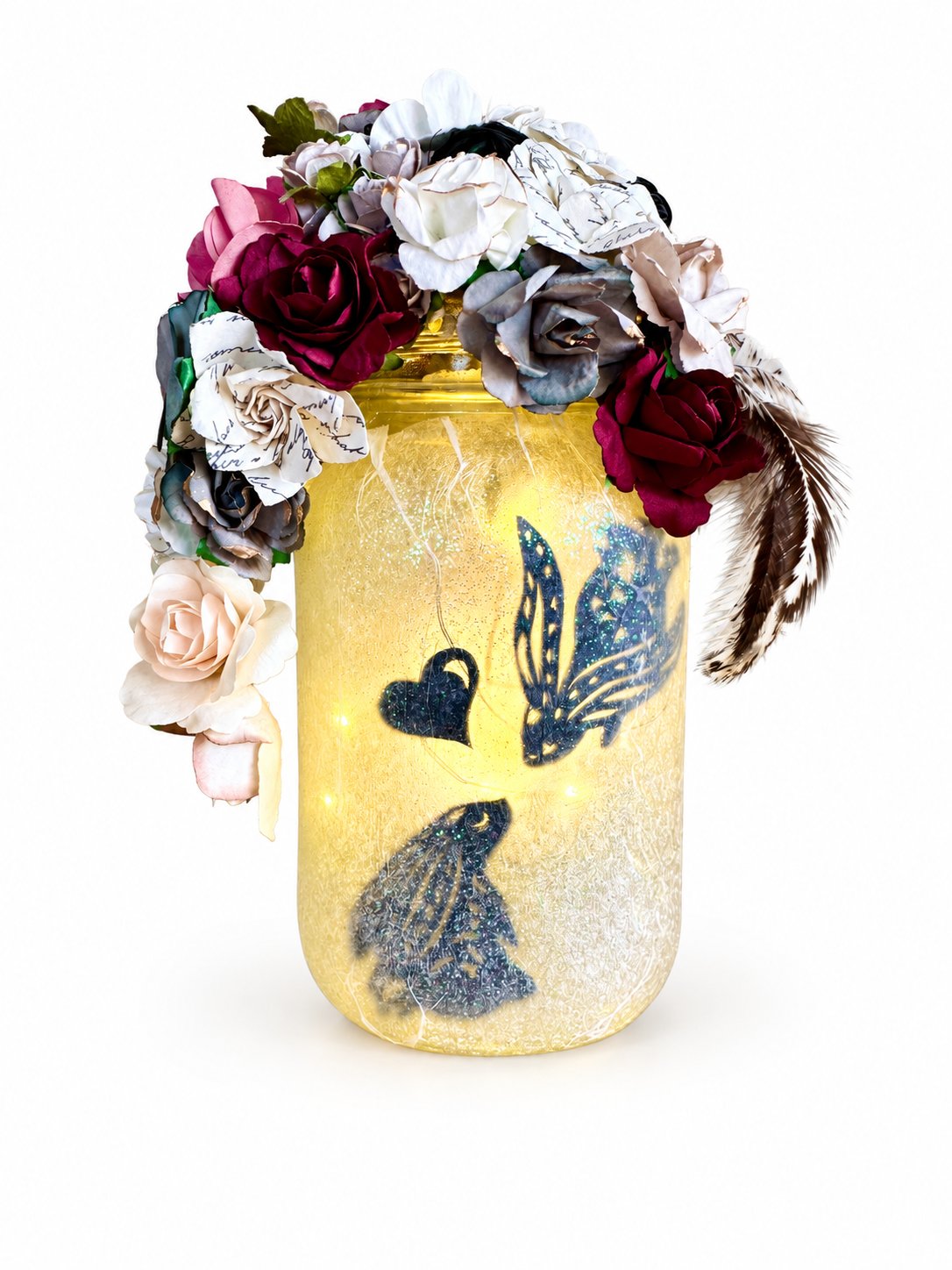 Lampe Fairy Jar à plumes et lapins amoureux sur fond blanc